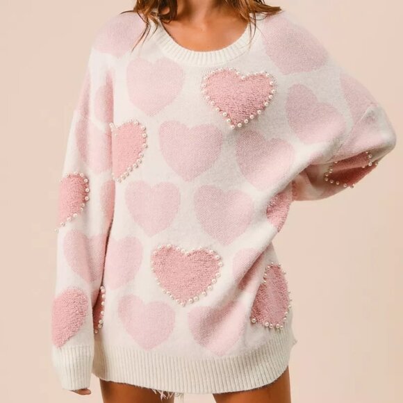 BiBi Sweaters - BiBi Heart Pattern Sweater with Pearl‎ Detail